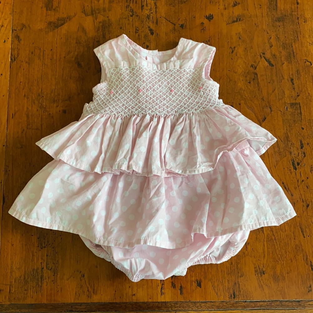 Girls' Pink Polka Dot Smocked Tiered Dress